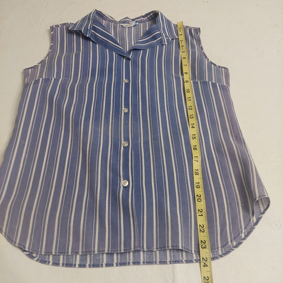 Paris Station Vintage Blue White Striped Sleeveless Button Up Shirt Coastal Sz M - Picture 7 of 9